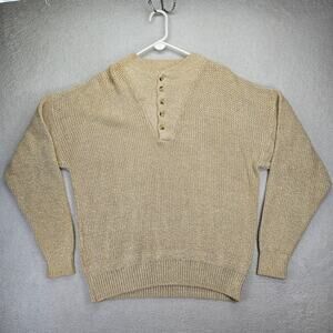 Vtg Ashley Knit Sweater Large Made in USA Cotton 1/4 Button Beige Chunky Knit